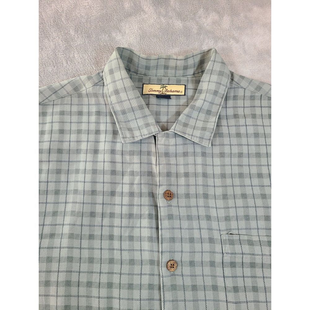 Tommy Bahama Shirt Mens Large Grey Plaid Silk Short Sleeve‎ Button Up